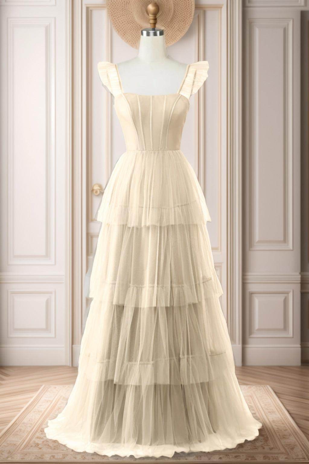 A-Line Sweep-Brush Train Tulle Prom Dress CS0471 - COCOMELODY