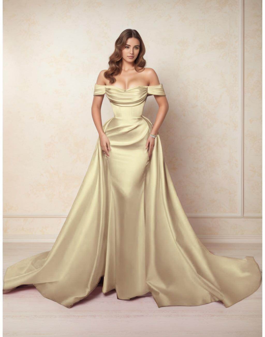 A-Line Chapel Train Satin Prom Dress CS0416 - COCOMELODY