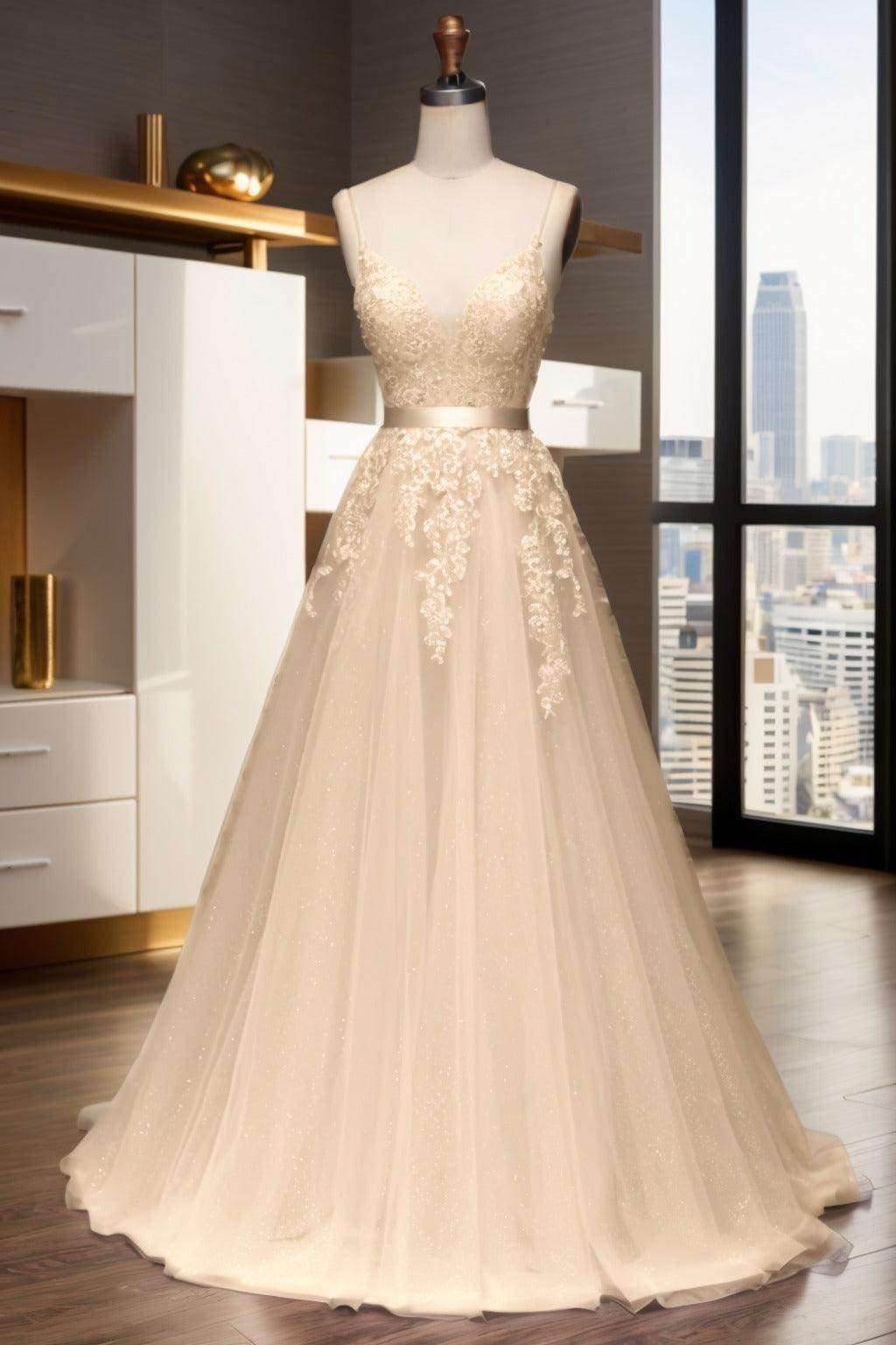 A-Line Sweep-Brush Train Tulle Prom Dress CS0464 - COCOMELODY