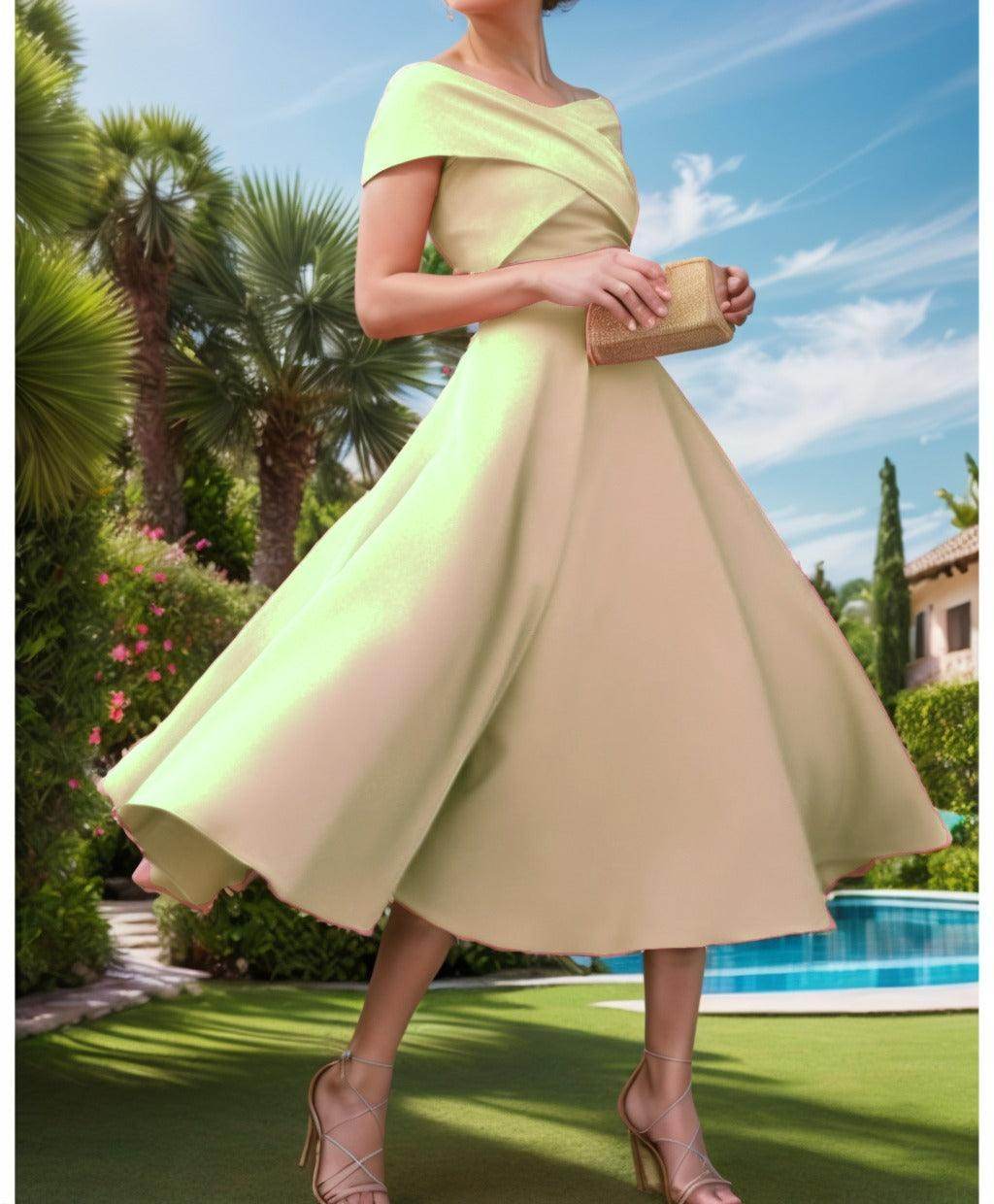 A-Line Tea Length Satin Prom Dress CS0455 - COCOMELODY