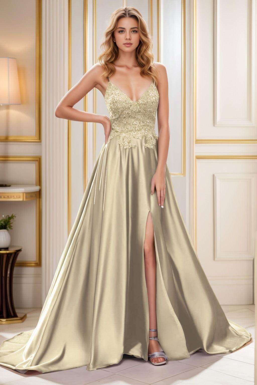 A-Line Court Train Satin Prom Dress CS0460 - COCOMELODY