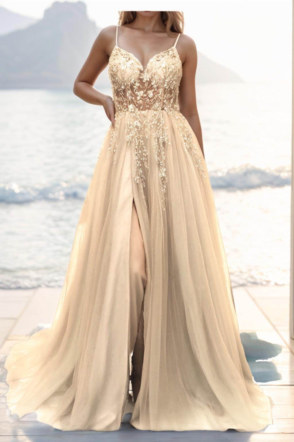 A-line Sweep-Brush Train Tulle Prom Dress CS0402 - COCOMELODY