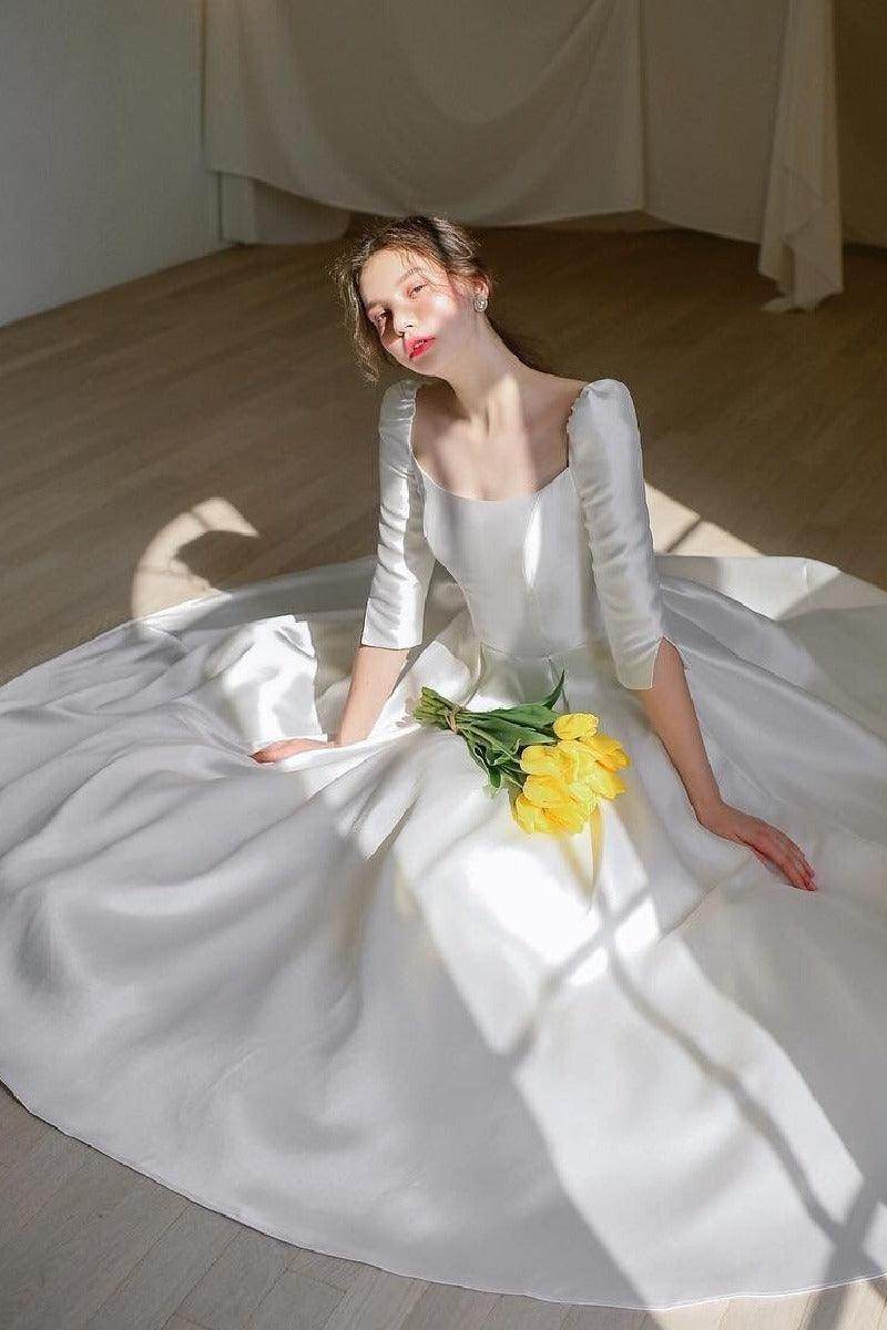 A-Line High-Low Satin Wedding Dress 675834048411 - COCOMELODY