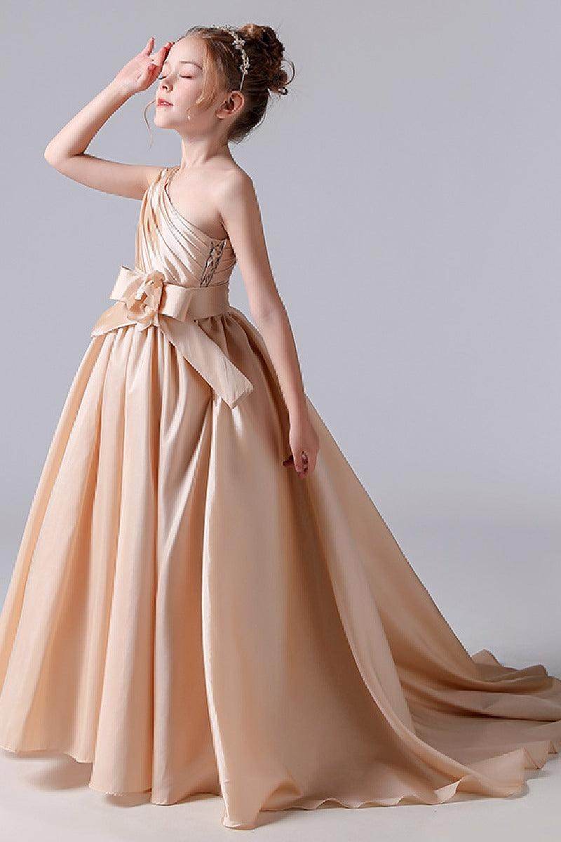 A-Line One Shoulder Neck Sleeveless Sweep-Brush Train Satin Flower Girl Dresses 676333790144 - COCOMELODY