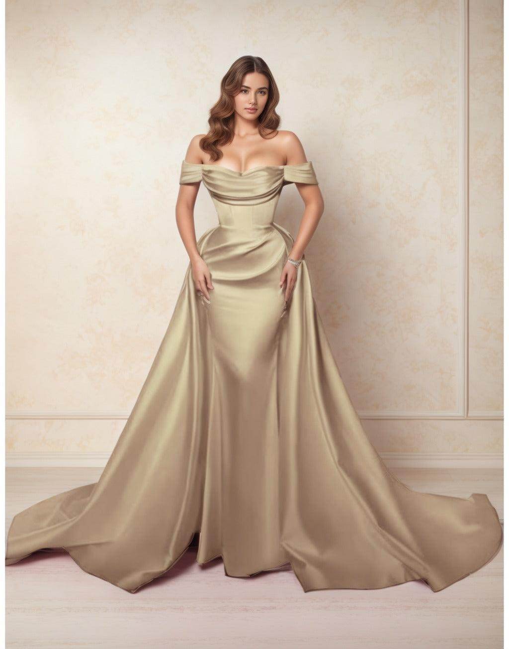 A-Line Chapel Train Satin Prom Dress CS0416 - COCOMELODY