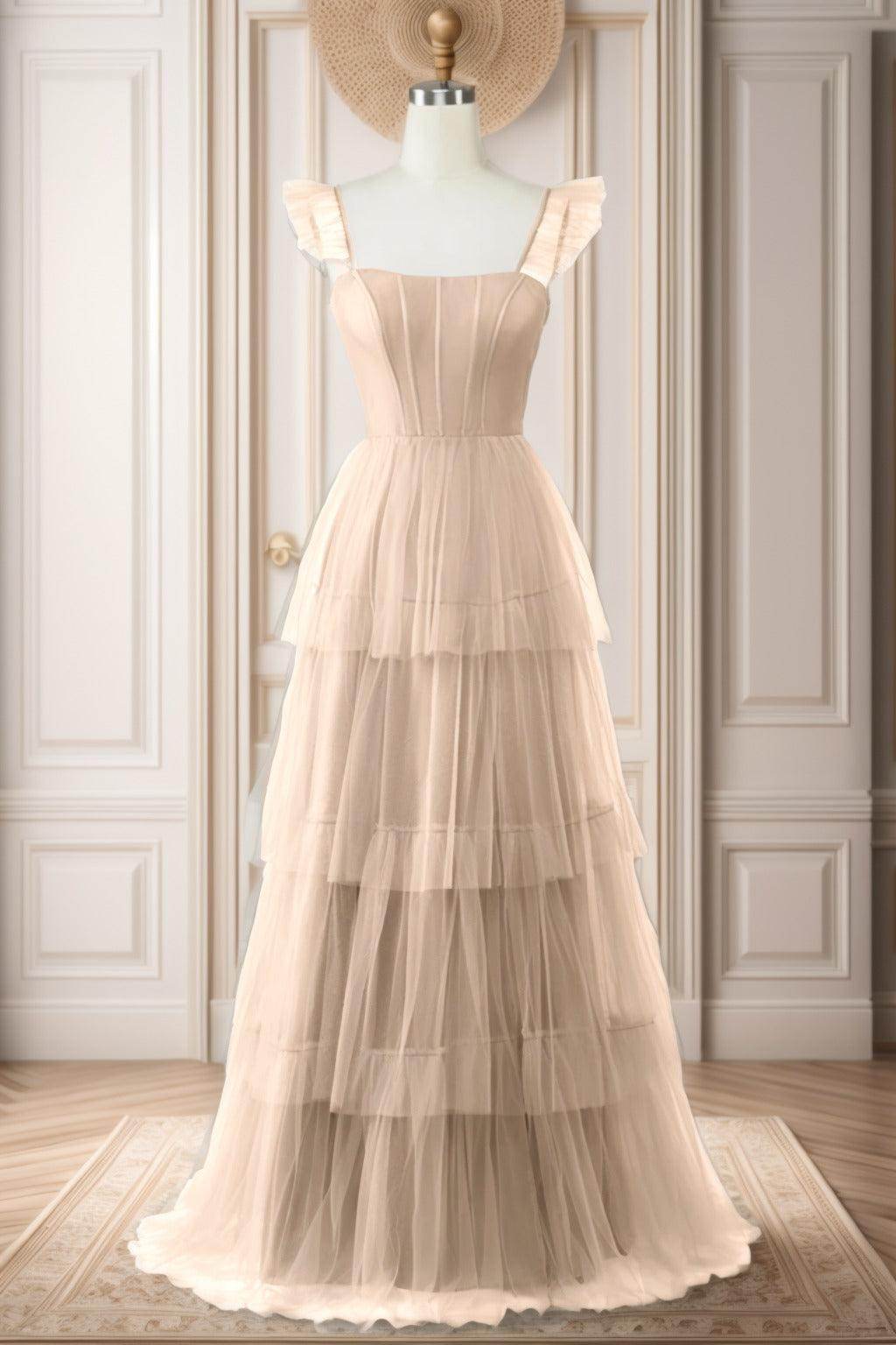 A-Line Sweep-Brush Train Tulle Prom Dress CS0471 - COCOMELODY