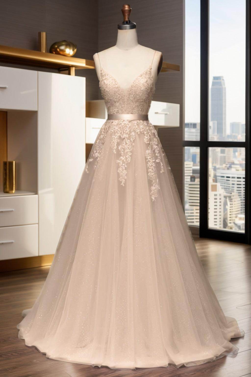 A-Line Sweep-Brush Train Tulle Prom Dress CS0464 - COCOMELODY