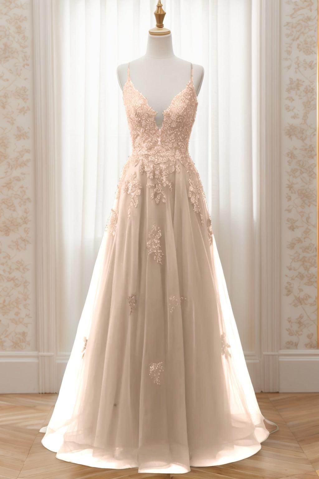 A-Line Sweep-Brush Train Tulle Prom Dress CS0463 - COCOMELODY