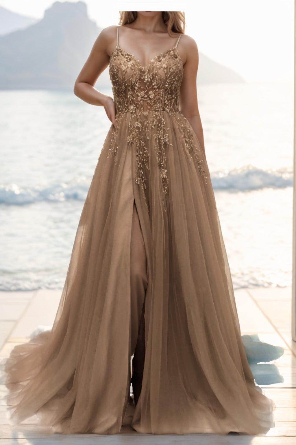 A-line Sweep-Brush Train Tulle Prom Dress CS0402 - COCOMELODY