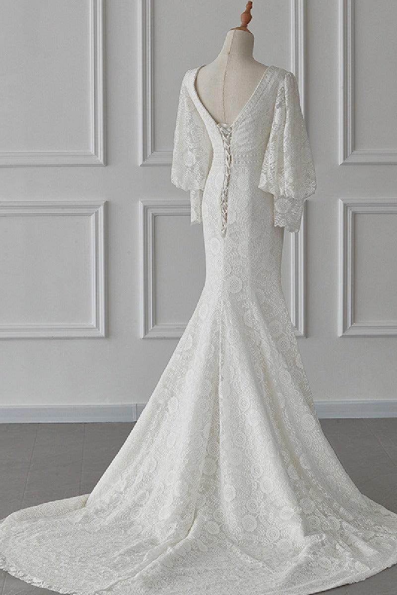 Trumpet-Mermaid Sweep-Brush Train Lace Wedding Dress 719870409318 - COCOMELODY