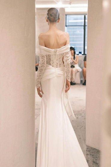 Sheath-Column Court Train Lace Satin Wedding Dress 818657898360 - COCOMELODY