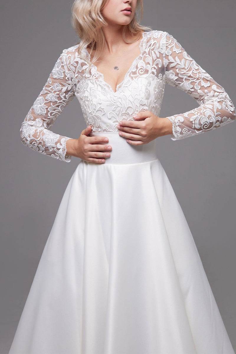 A-Line Tea Length Lace Satin Little White Dress 100017 - COCOMELODY
