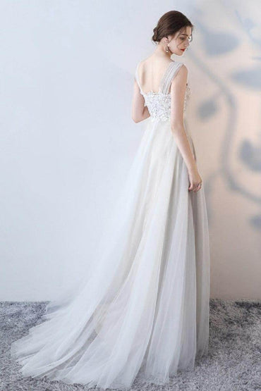A-Line Sweep-Brush Train Lace Tulle Wedding Dress 623545078224 - COCOMELODY