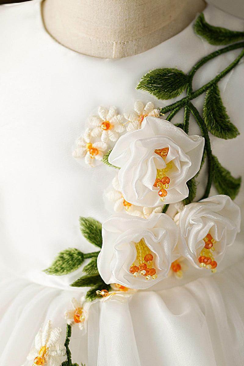 A-Line Scoop Neck Puff Sleeves Midi Organza/Tulle Flower Girl Dresses 710126398367 - COCOMELODY