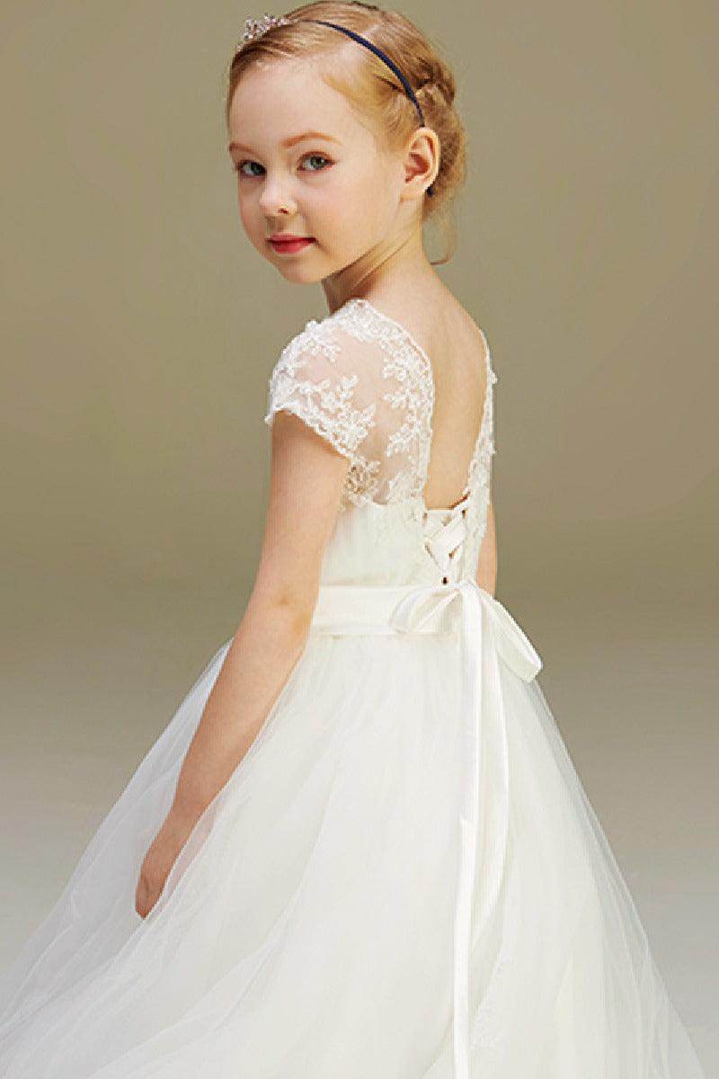 Ball-Gown Illusion Neck Princess Tulle Flower Girl Dresses With Appliques Lace 626723738802 - COCOMELODY