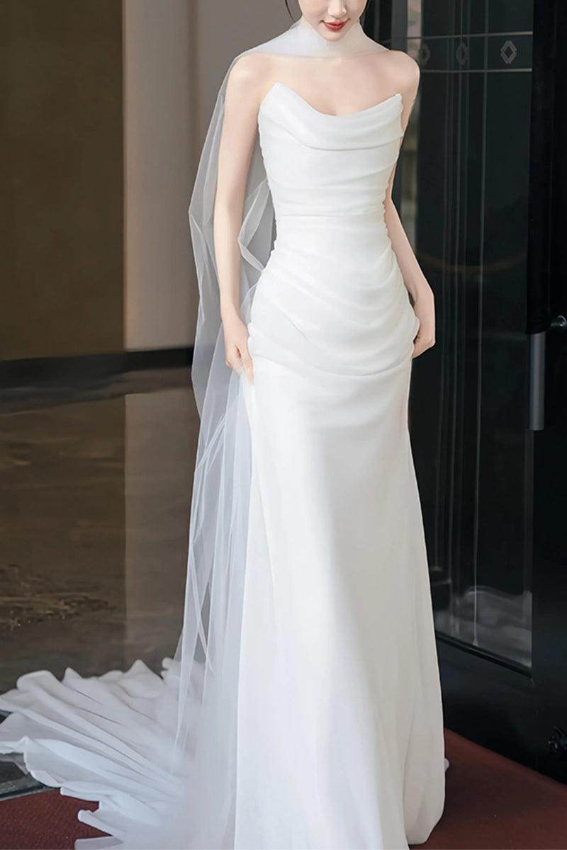 Sheath-Column Chapel Train Forged Chiffon Wedding Dress 830154757527 - COCOMELODY