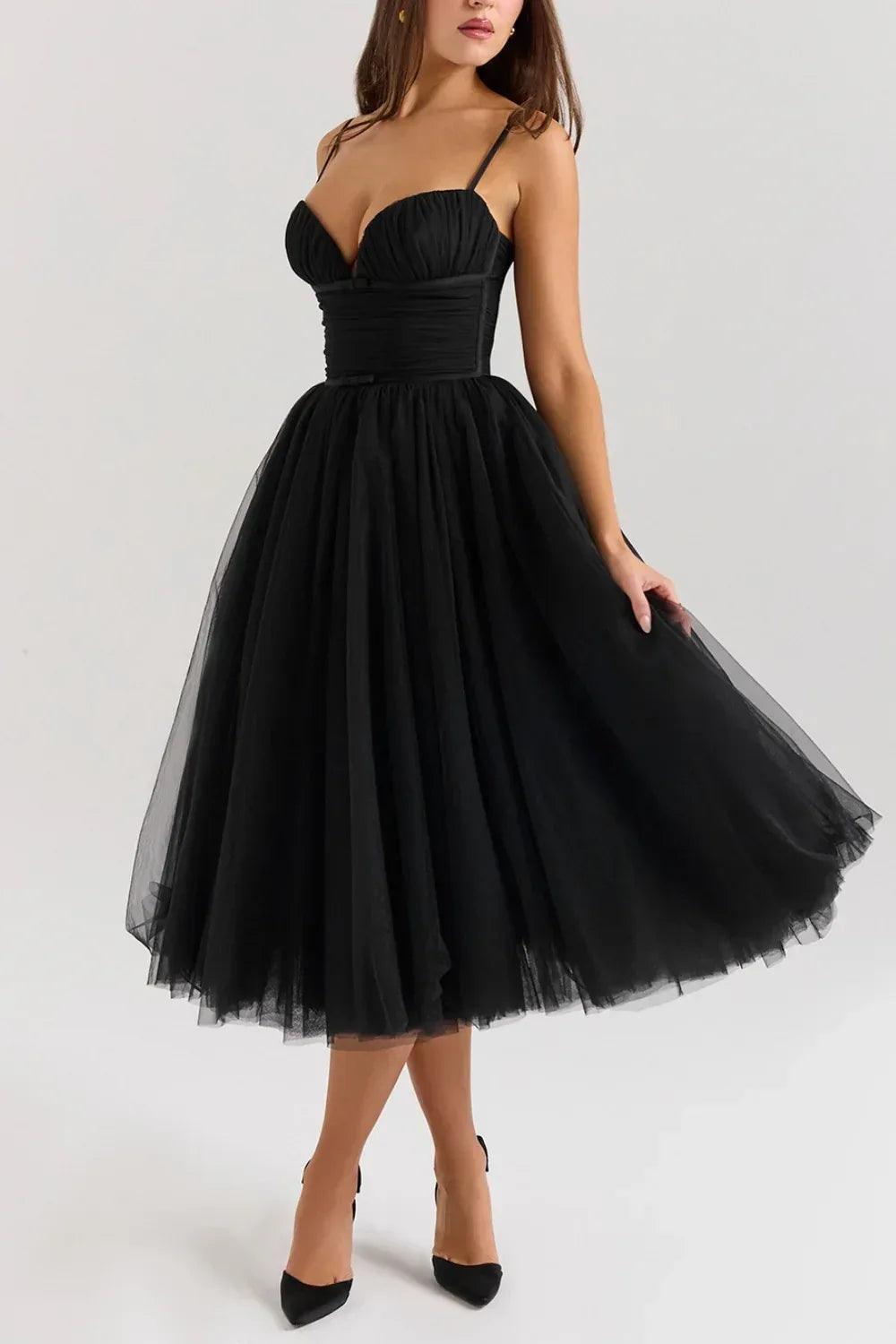 A-line Spaghetti Strap Tulle Formal Evening Dresses 854604954195 - Black - COCOMELODY