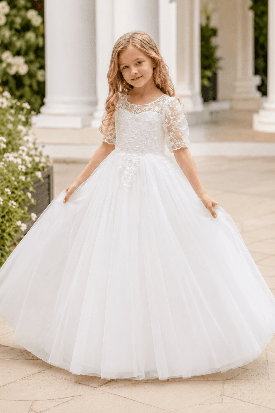 A-Line Lace Sleeve Round Neck Tulle V-Back Flower Girl Dresses 997761158002 - 7 Days / Ivory / 130cm - COCOMELODY
