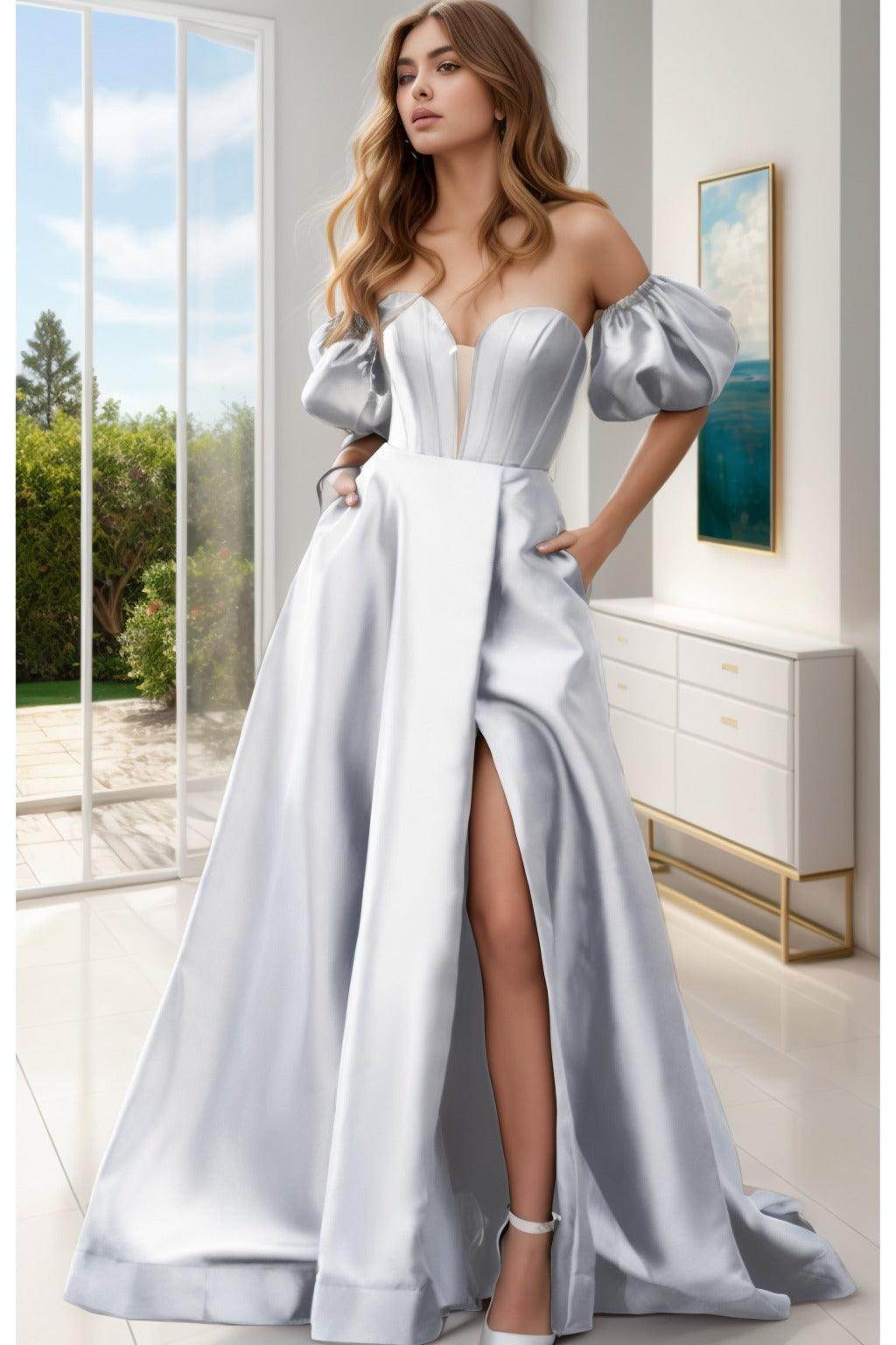 A-Line Sweep-Brush Train Satin Prom Dress CS0448 - COCOMELODY