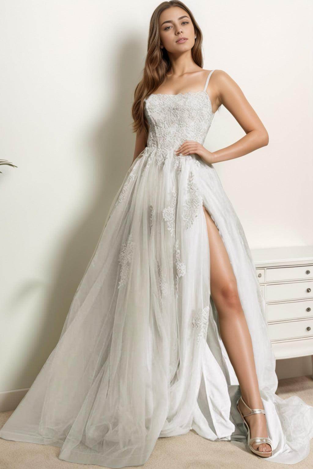 A-Line Sweep-Brush Train Tulle Prom Dress CS0415 - COCOMELODY