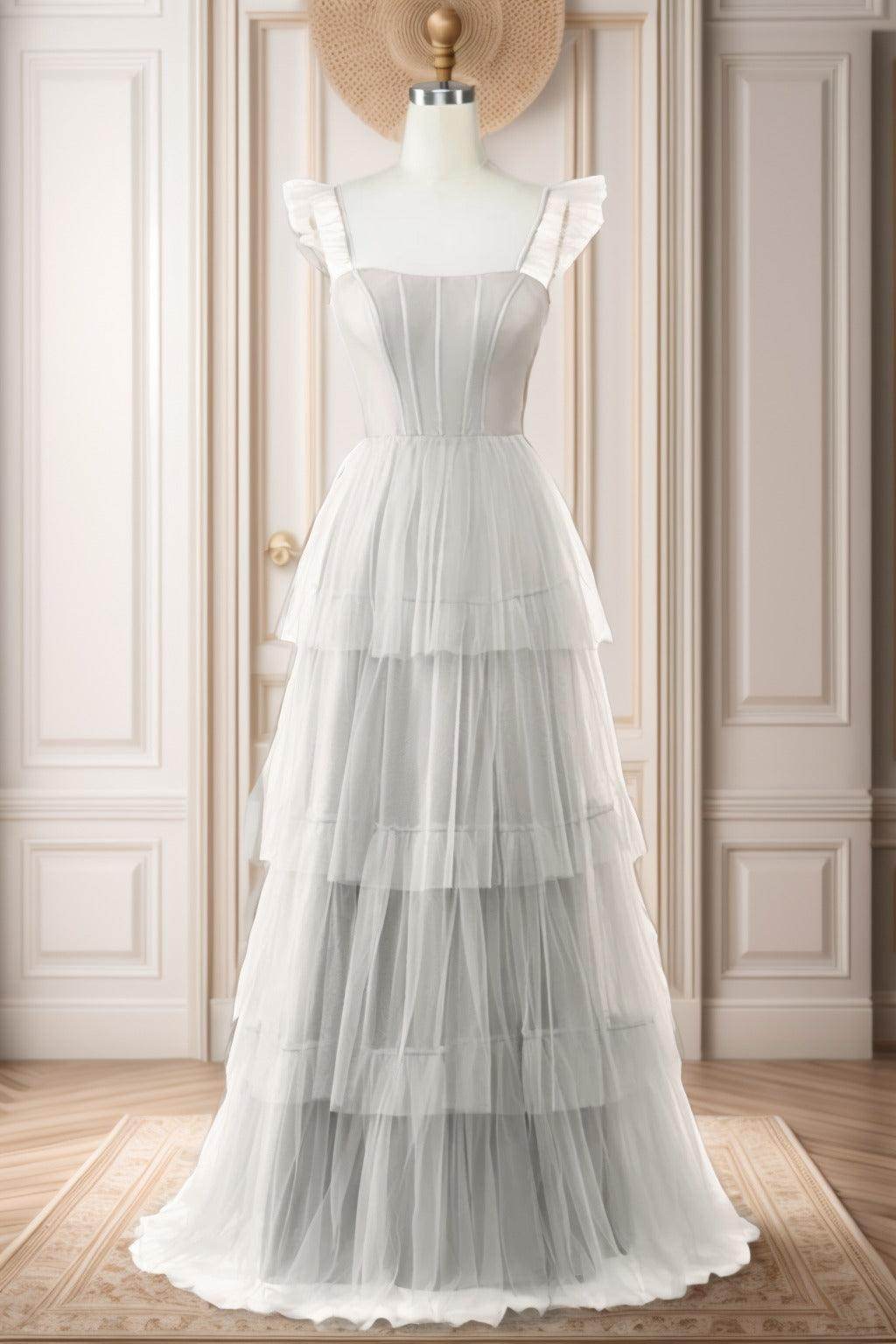 A-Line Sweep-Brush Train Tulle Prom Dress CS0471 - COCOMELODY