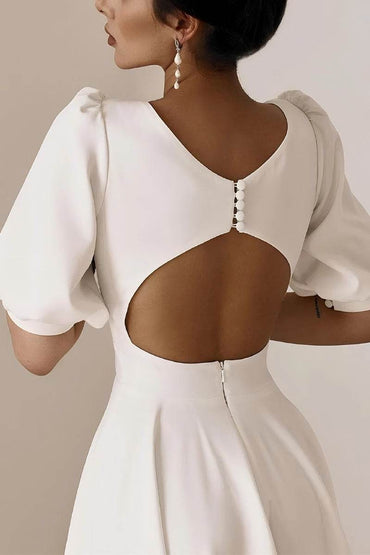 A-Line Tea Length Elastic Cloth Little White Dress 100012 - COCOMELODY