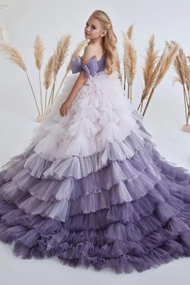 A-Line Asymmetrical One Shoulder Tiered Tulle Sweep-Brush Train Flower Girl Dresses 779839145372 - 10 Days / Purple / 2 - COCOMELODY
