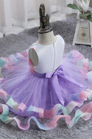 Short A-Line Round Neck Rainbow Ruffled Tulle Knee Length Flower Girl Dresses 1029089635642 - 7 Days / Blue / 100cm - COCOMELODY