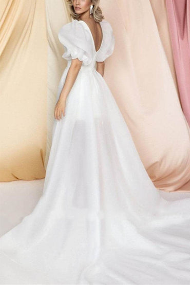 Two-Piece Sweep-Brush Train Satin Organza Little White Dress 100067 - COCOMELODY