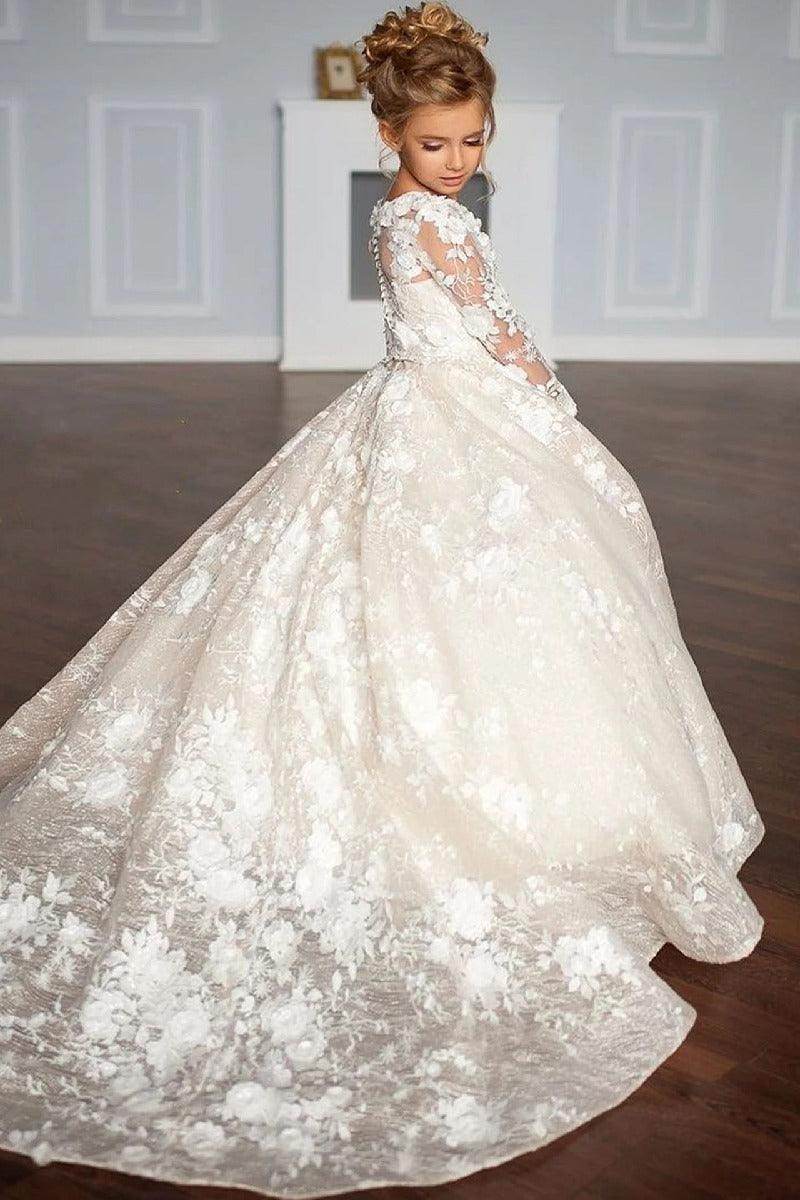 A-Line Illusion Neck Long Sleeve Lace Chapel Train Flower Girl Dresses 688674536065 - COCOMELODY