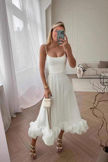 A-Line Tea Length Chiffon Wedding Guest Dress 714081841047 - 10 Days / White / S - COCOMELODY