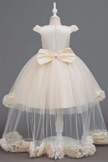 High-Low Cap Sleeve Sequin Lace Tulle Glitter Waistband Flower Girl Dresses 1049651569780 - 7 Days / Dusty Rose / 110cm - COCOMELODY