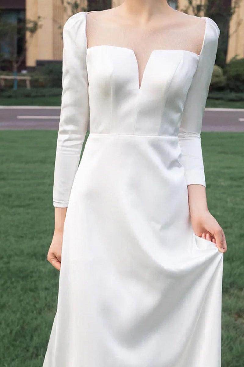 A-Line Sweep-Brush Train Satin Wedding Dress 684419472435 - COCOMELODY