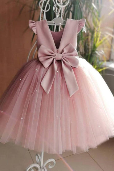 Tulle Pearl Bow Back Knee Length Ruffle Cap Sleeve Flower Girl Dresses 652115065250 - 7 Days / Pink / 73cm - COCOMELODY