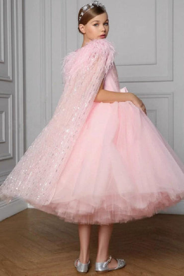 Ball Gown Feather Glitter Tulle Cape Tea Length Flower Girl Dresses 896082942099 - 7 Days / As Picture / 2 - COCOMELODY