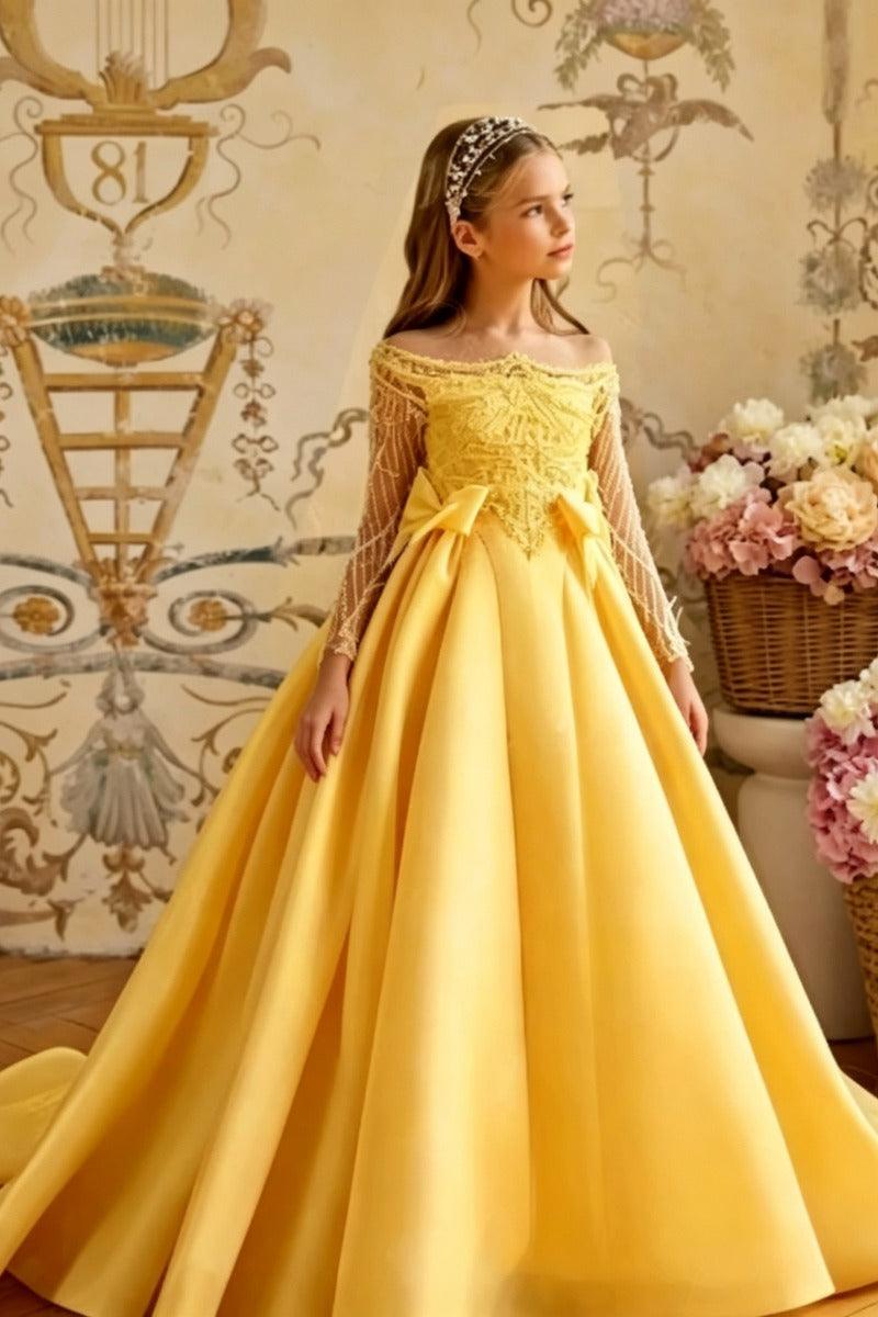 A-Line Off-Shoulder Beaded Satin Flower Girl Dresses 1059107968671 - 10 Days / Yellow / 2 - COCOMELODY