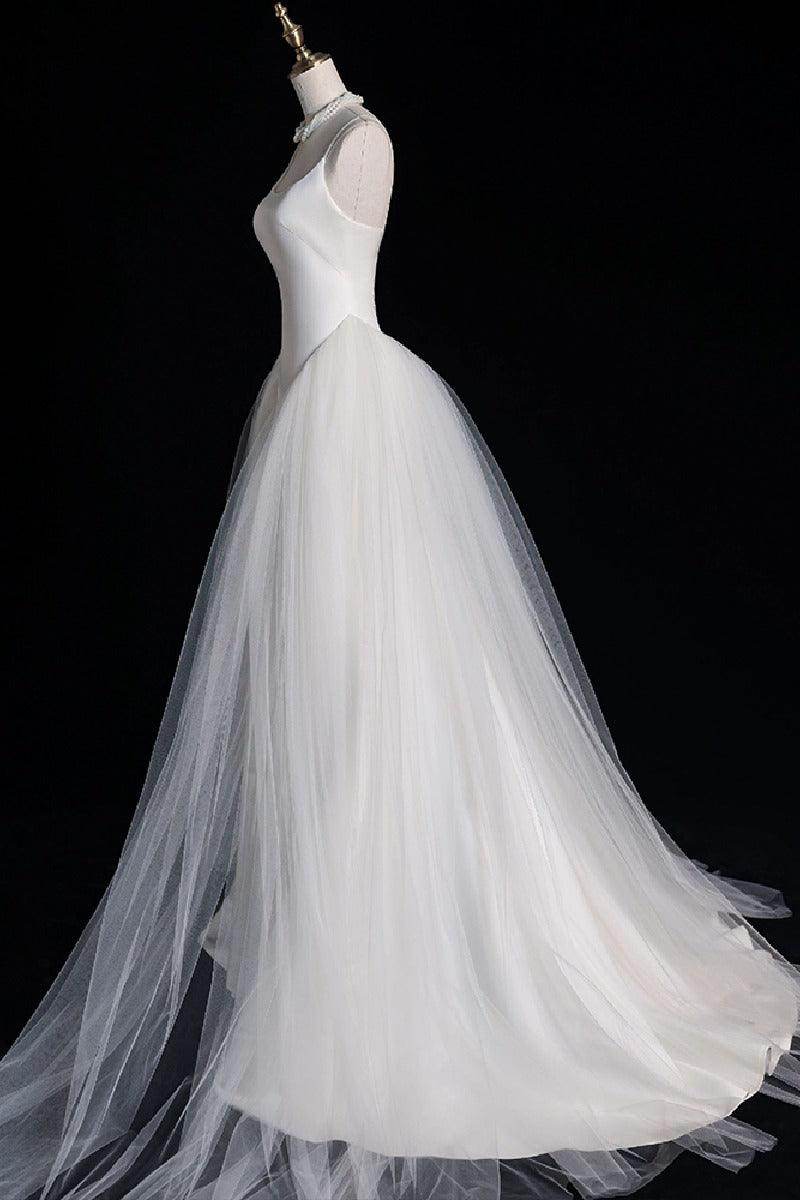A-Line Sweep-Brush Train Satin Tulle Wedding Dress 735531201362 - COCOMELODY