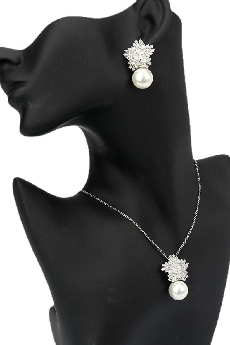 Snowflakes Shaped Pearl/Zircon Wedding Earrings/Necklace Jewelry Sets (Set of 2) 702536274457
