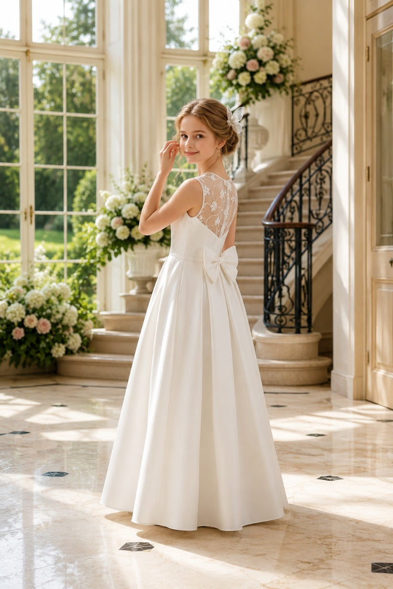Luxury Satin Illusion Floral Mesh Back Bow Flower Girl Dresses 1042041646357