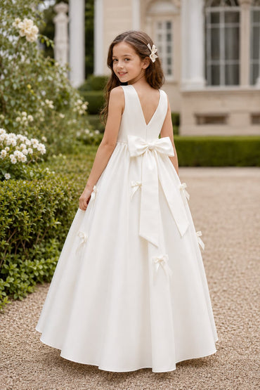 V-Back Bow Pearl Waist Scattered Bows Satin Flower Girl Dresses 1017327895779 - 7 Days / As Picture / 110cm - COCOMELODY