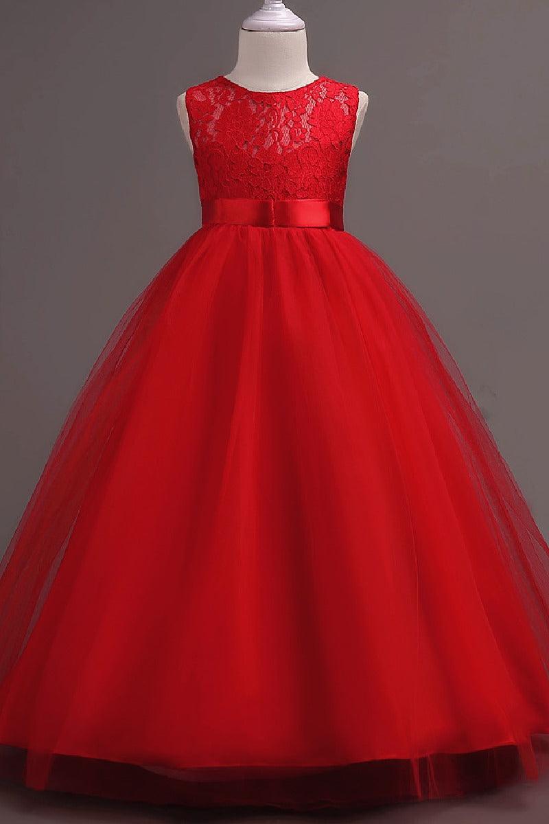 A-Line Round Neck Sleeveless Floral Lace Floor Length Tulle Flower Girl Dresses 1030687853202 - 7 Days / Red / 120cm - COCOMELODY