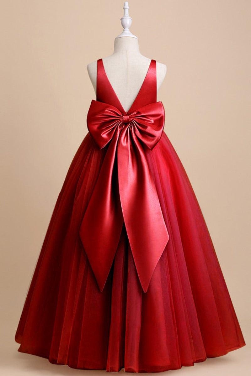 A-Line Floor Length V-Neck Sleeveless Flower Girl Dresses 1031747143531 - 7 Days / Burgundy / 100cm - COCOMELODY