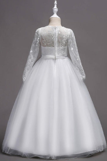 A-Line Illusion Heart Long Sleeve Tulle Floor Length Flower Girl Dresses 1060678890781 - 7 Days / White / 120cm - COCOMELODY