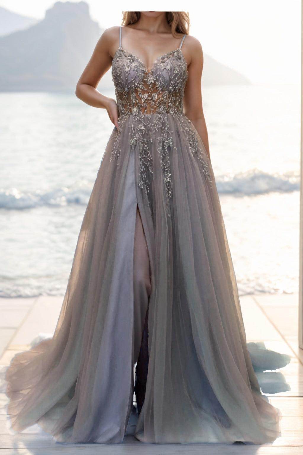 A-line Sweep-Brush Train Tulle Prom Dress CS0402 - COCOMELODY