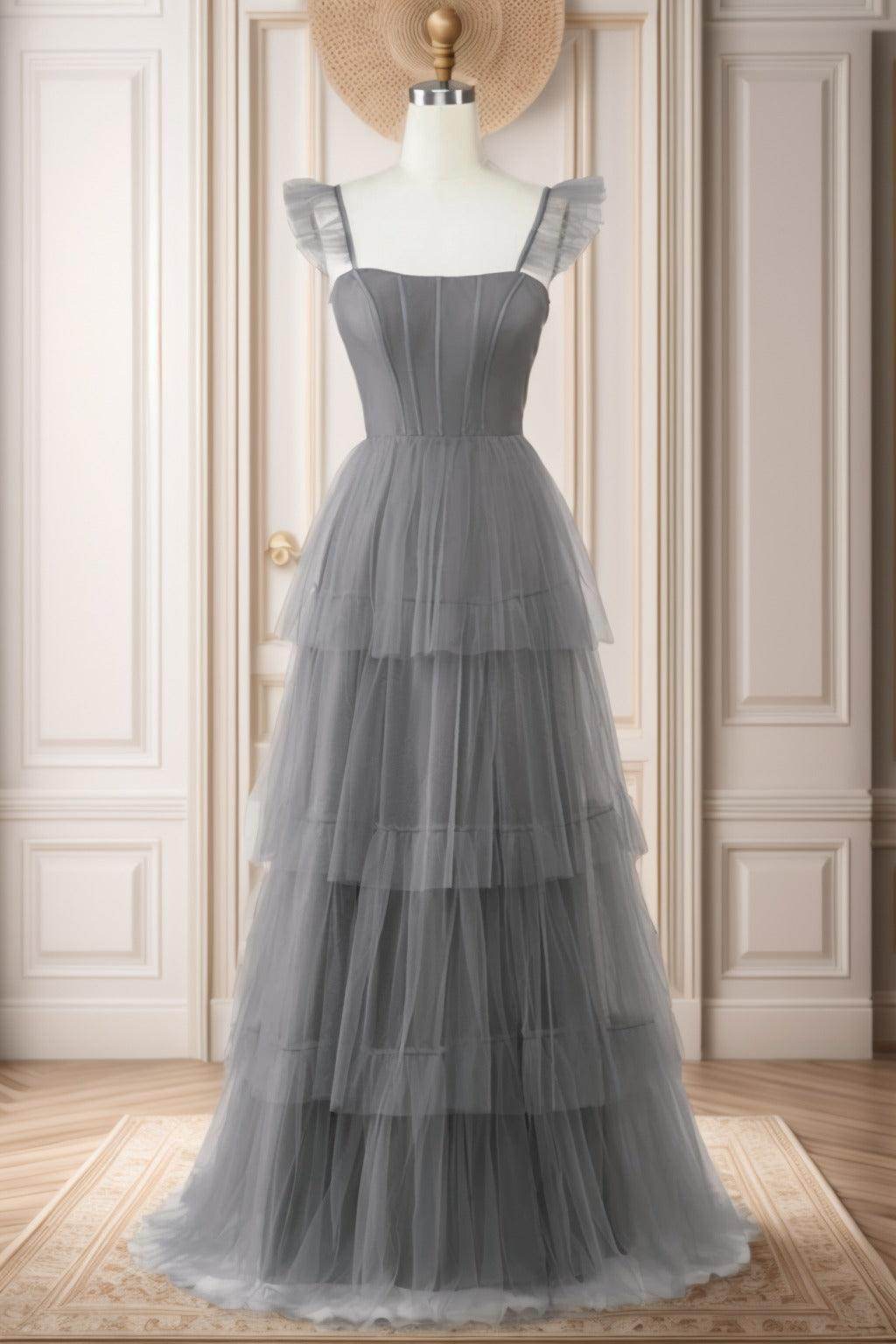 A-Line Sweep-Brush Train Tulle Prom Dress CS0471 - COCOMELODY