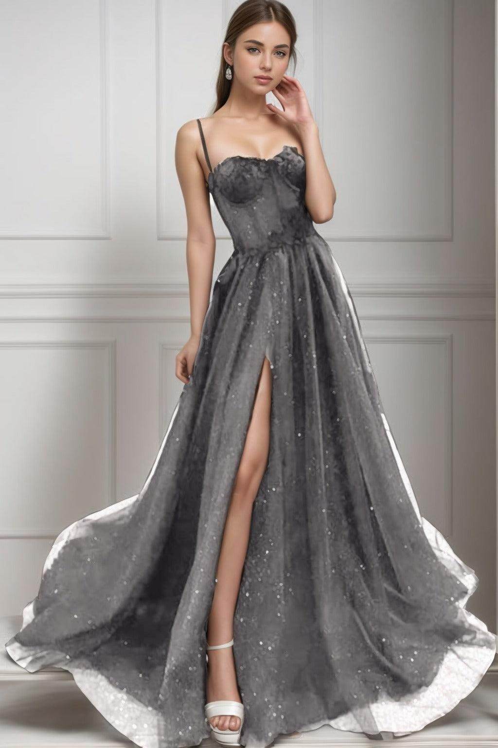 A-Line Sweep-Brush Train Tulle Prom Dress CS0439 - COCOMELODY