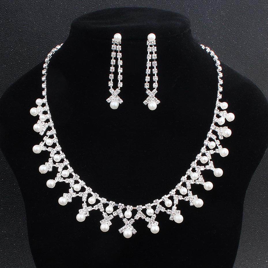 Jewelry Pearl Rhinestone Necklace Earrings 2-Piece Set 527668596787 - COCOMELODY