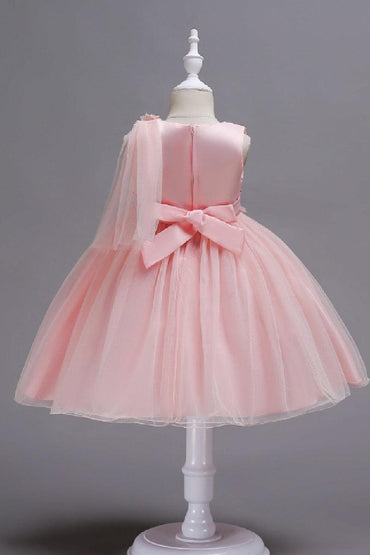 A-Line Asymmetric Single Tulle Scoop Neck Knee Length Flower Girl Dresses 1031495780881 - 7 Days / Light Pink / 110cm - COCOMELODY
