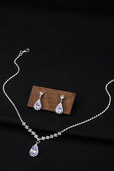 Wedding Zircon water drop pendant set chain Bridal rhinestone silver plated necklace earrings 2-piece wedding accessory set 561687881061 - COCOMELODY