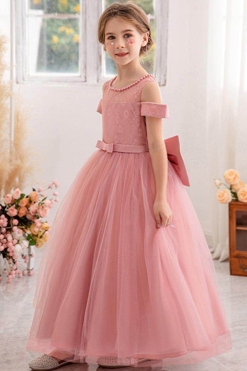 Ball-Gown/Princess Off the Shoulder Short Sleeves Tulle Floor-length Flower Girl Dresses With Lace 741957862179 - COCOMELODY